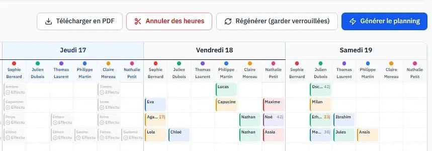 Barre d'actions du planning : télécharger en PDF, annuler des heures, régénérer