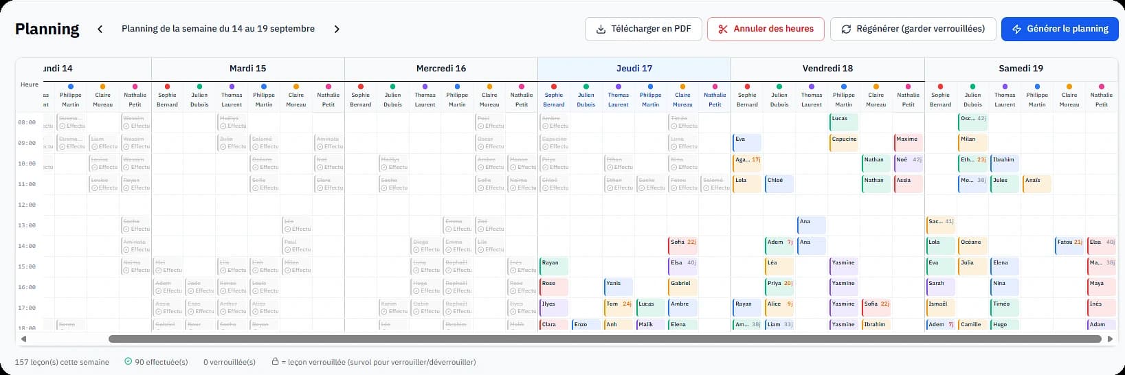 Planning hebdomadaire AutoPlanR rempli : 157 leçons réparties sur 6 moniteurs, export en PDF en un clic